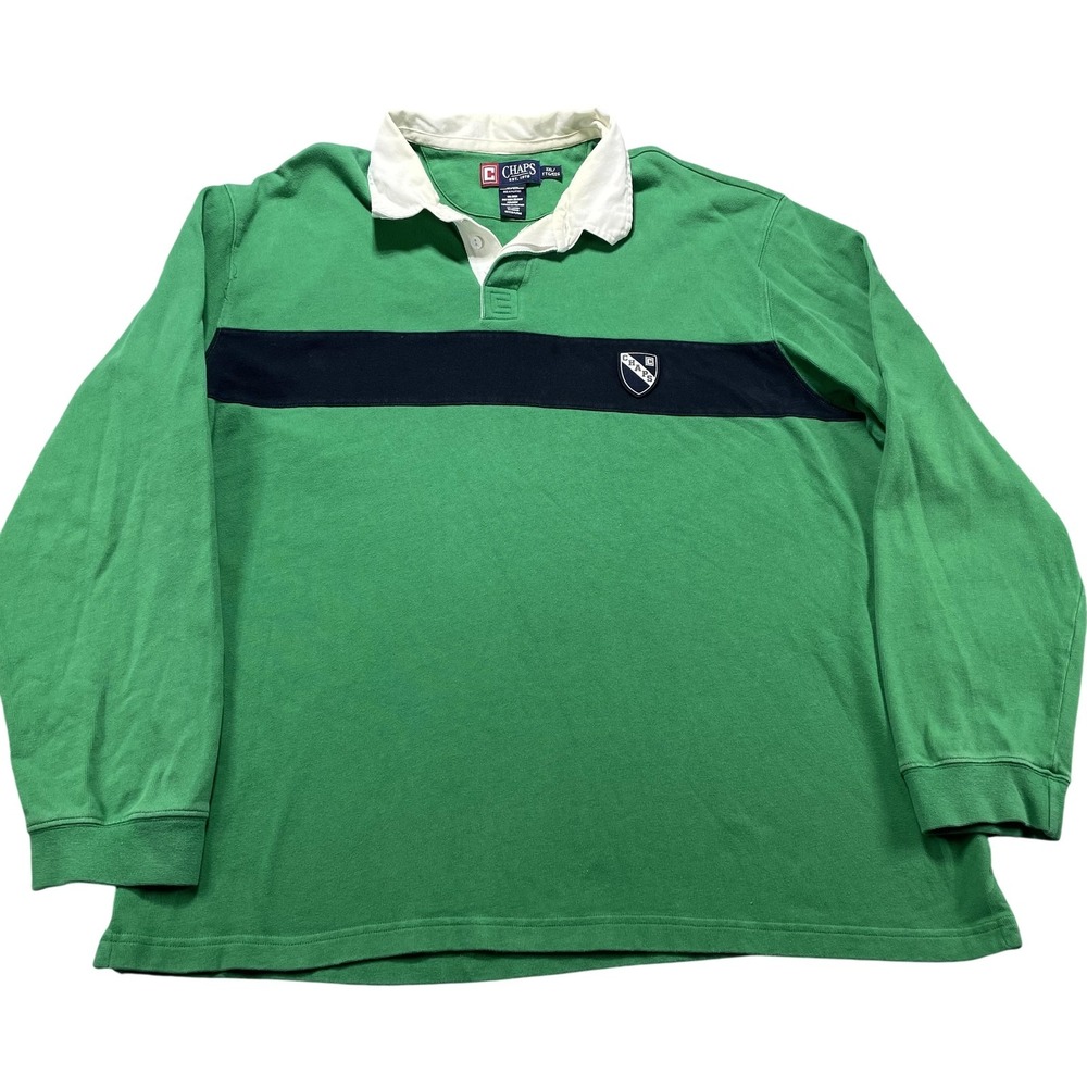 Chaps Polo Shirt Mens 2XL Green Colorblock Rugby Long Sleeve Cotton Shield Logo